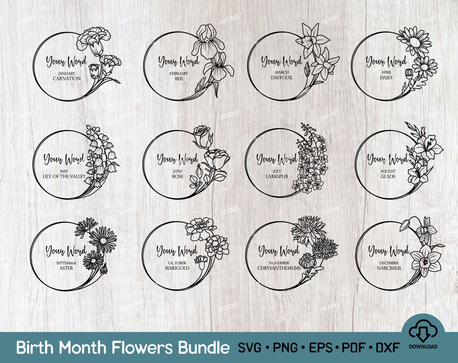 Birth Month Flowers Bundle SVG PNG, Floral Wreath Svg Bundle, Birth