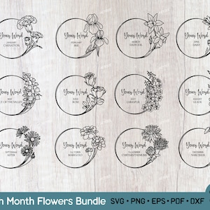 Pacote de flores do mês de nascimento SVG PNG, pacote Svg de guirlanda floral, design de tatuagem de flores de nascimento, arquivos Svg de texto personalizado de flores de nascimento para Cricut