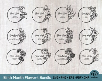 Birth Month Flowers Bundle SVG PNG, Floral Wreath Svg Bundle, Birth Flowers Tattoo Design, Birth Flowers Custom Text Svg Files For Cricut