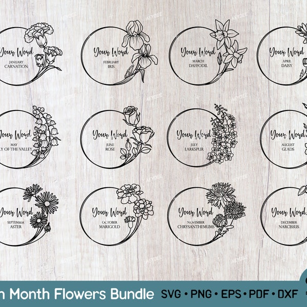 Bundle fleurs mois de naissance SVG PNG, couronne de fleurs Svg Bundle, conception de tatouage de fleurs de naissance, fleurs de naissance texte personnalisé fichiers Svg pour Cricut