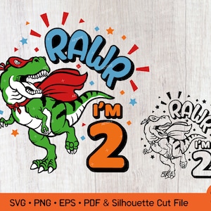 Rawr I'm 2 svg, 2nd Geburtstags-Dinosaurier-Svg, T-Rex Superheld Geburtstag, Geburtstagskind-Svg, lustige Kinder Png-Sublimation und Silhouette Cut-Datei