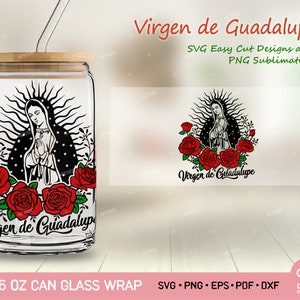Virgen de Guadalupe met rozen Libby Glass Can Svg, Moeder Mary, Lady of Guadalupe SVG Full Warp voor Libby Glass Can 16 oz Svg Png