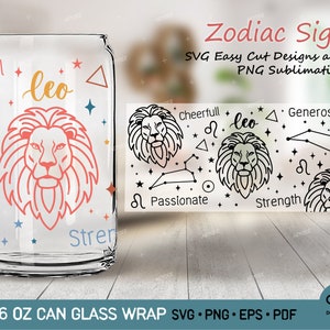 LEO - Zodiac - Horóscopo Svg Png para Libbey Glass Can 16 oz, Zodiac Signs Glass Can Wrap, Leo Astrology SVG PNG archivos para Coffee Glass Can