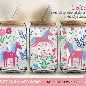 Unicorn Full Wrap SVG PNG files for Libbey Glass Can 16oz Wrap, Cute Unicon Coffee Glass Wrap, Magical Unicorn Folwer Can Glass Wrap Svg Png