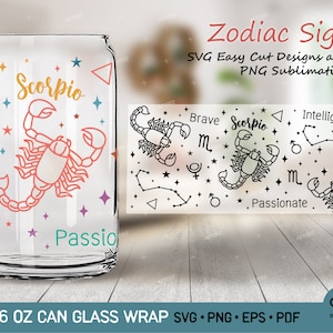 ESCORPIO - Zodíaco - Horóscopo Svg Png para Libbey Glass Can 16 oz, Zodiac Signs Glass Can Wrap, Escorpio Astrología SVG PNG para lata de vidrio de café