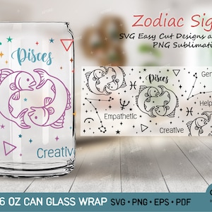 RYBY - Zodiak - Horoskop Svg Png dla Libbey Glass Can 16 oz, Znaki Zodiaku Opakowanie na Szklaną Puszki, Astrologia Ryb SVG PNG dla Puszki Szklanej Kawy