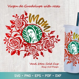 Moeder Virgen de Guadalupe met rozen Svg voor Venti 24oz Cold Cup Svg, Moeder Mary Svg, Rose Wreath Svg Full Warp voor Venti 24oz Cold Cup