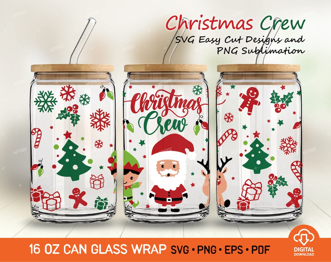 Christmas Crew Libbey Glass Can 16oz Svg Png, Santa Claus Elf and ...