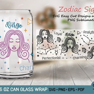 VIRGO - Zodíaco - Horóscopo Svg Png para Libbey Glass Can 16 oz, Signos del Zodíaco Vidrio Puede Envolver, Virgo Astrología SVG PNG para lata de vidrio de café