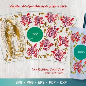 Virgen de Guadalupe met rozen Venti Cup 24oz Cold Cup Svg, Moeder Mary Svg, Dame van Guadalupe, Mexicaanse Svg Full Warp voor 24oz Cold Cup