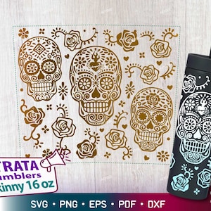 Dia de los Muertos-Day of the Dead Wrap for Strata Skinny Tumbler Svg, Sugar Skull Dia de Muertos Halloween Strata Cup Svg pour Cricut