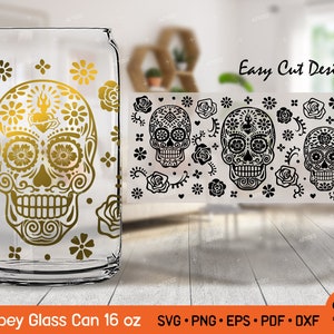 死者の日 リビー グラス 缶 16 オンス SVG - 死者の日 シュガー スカル リビー グラス SVG、死者の日 ハロウィン リビー グラス SVG