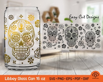 Dia de los Muertos Libbey Glass Can 16 oz Svg - Day of the Dead Sugar Skull for Libbey Glass Svg, Dia de Muertos Halloween Libbey glass Svg