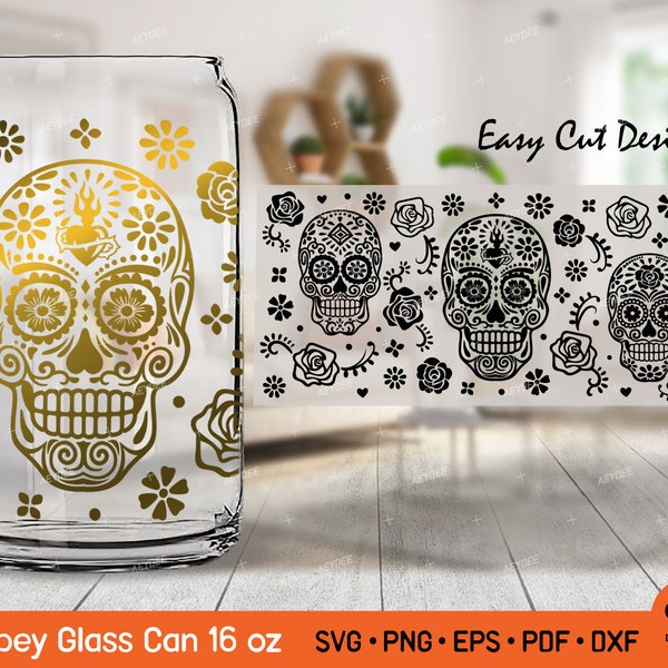 Dia de los Muertos Libbey Glass Can 16 oz Svg - Day of the Dead Sugar Skull for Libbey Glass Svg, Dia de Muertos Halloween Libbey glass Svg