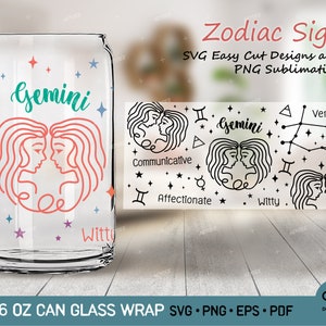 BLIŹNIĘTA - Zodiak - Horoskop Svg Png dla Libbey Glass Can 16 oz, Zodiac Signs Glass Can Wrap, Aries Astrology SVG Png dla Coffee Glass Can