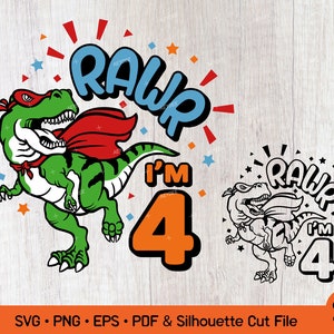 Rawr ich bin 4 svg, 4. Geburtstags svg, T-Rex Super Hero Geburtstag, 4 Jahre alter Geburtstagsstecker, lustige Dino Kinder Png Sublimation Silhouette Schnittdatei