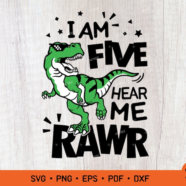 Ich bin fünf höre mich Rawr svg, 5.Geburtstag 5 Jahre alt Geburtstag svg, T-Rex Kindergeburtstag, lustige Dino-Kinder-Svg-Png-Sublimations-Designs