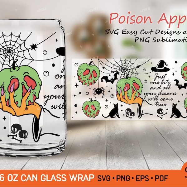 Poison Apple Svg Png for Glass Can 16oz, Halloween Libbey Glass Can Wrap, Witch Halloween 16 oz Beer Can Glass Svg Png Wrap File For Cricut