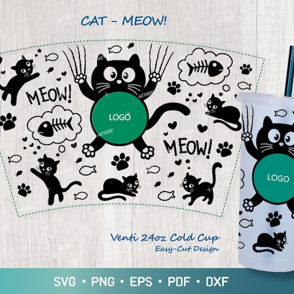 Cat Svg for Venti Cup 24oz, Black Cat Cold Cup 24 oz Svg, Cat Paw Print Full Wrap Venti 24oz Cold Cup, Cat lover 24 oz Venti Cold Cup Design