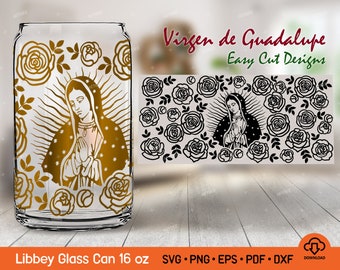 Virgen de Guadalupe with Roses Libby Glass Can Svg, Mother mary svg, Mexican SVG Full Warp For Libby Glass Can 16 oz Svg