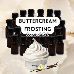 May include: A collection of 15 small amber glass bottles with black lids, filled with buttercream frosting scented oil. The bottles are arranged in a semi-circle around a white bowl of whipped cream with vanilla beans.