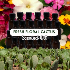 May include: A collection of 20 small brown glass bottles with black lids, filled with scented oil. The bottles are arranged in a grid pattern on a background of green cactus plants and colorful flowers. The text "FRESH FLORAL CACTUS Scented Oil" is displayed in a white banner.
