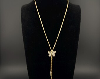 Collar largo vintage Avon Butterfly Lariat de 1979 en tonos dorados y plateados - Joyería de primavera