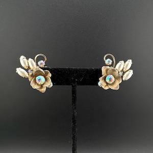 Upcycled Mid Century Gold-tone Floral Pearl Glass & AB Rhinestone Post Earrings - Converted Clip-on Earrings