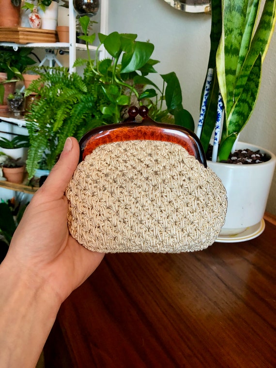 Vintage 1960s Mini Crochet White Knit Lucite Clasp Purse Bag Clutch Handbag - Boho