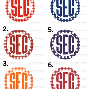 May include: Six circular designs numbered one through six, each featuring the letters SEC in a bold, block font centered within a gingham-patterned border. The colors include red, dark red, orange, navy blue, purple, and a muted red gingham.