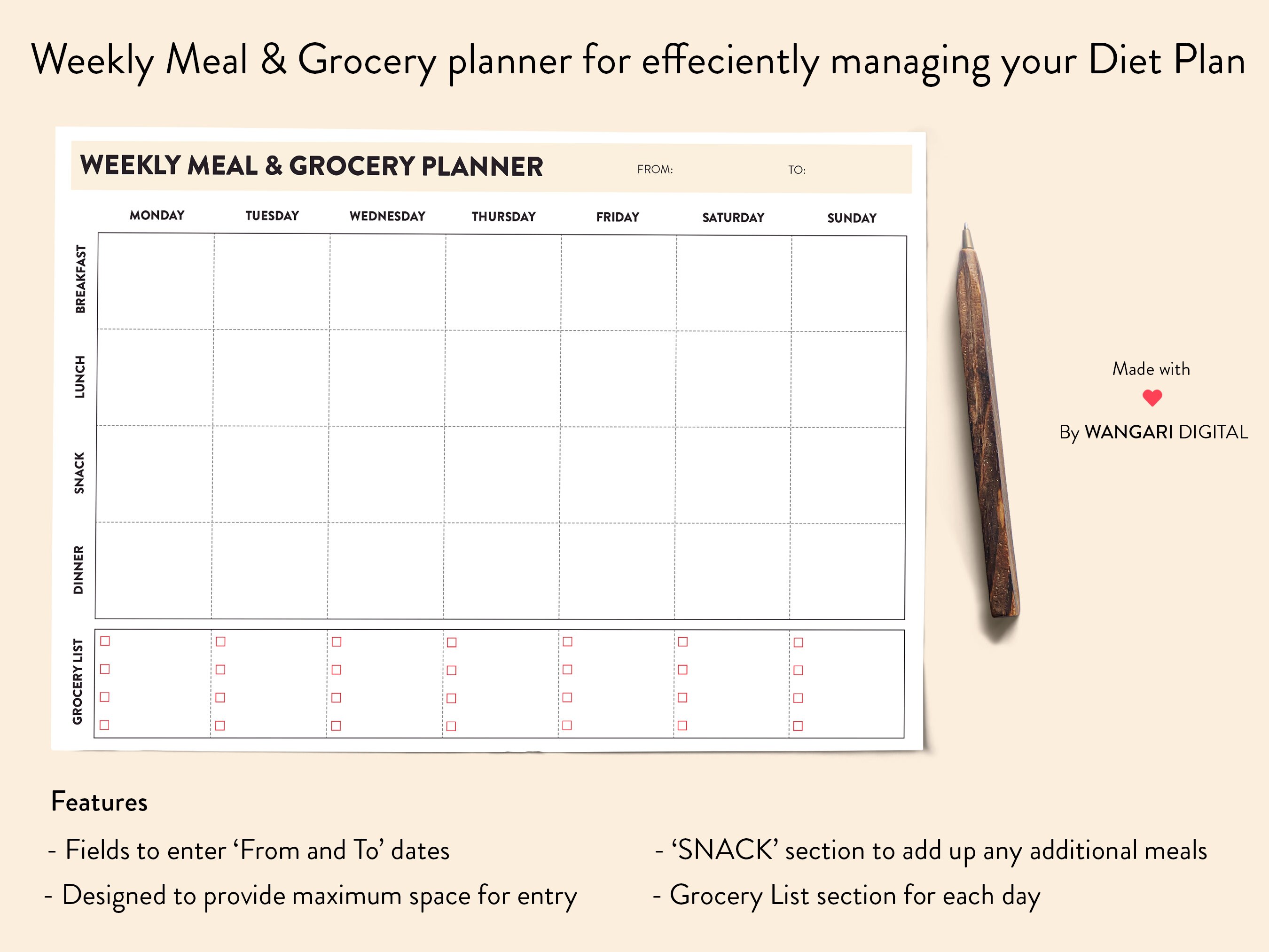Printable weekly meal planner template with snacks - fetilab