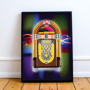 Jukebox, vintage music digital illustration - A4/A3 Instant Download Art Print, Music Art, Gift for Him, Home Décor