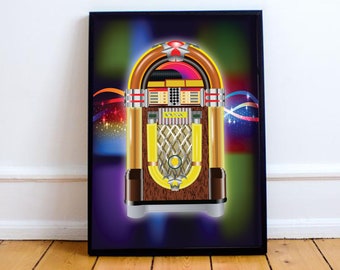 Jukebox, vintage music digital illustration - A4/A3 Instant Download Art Print, Music Art, Gift for Him, Home Décor