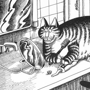 Kliban Cat Art Vintage Print – Cat Brushing Teeth In Mirror #8110