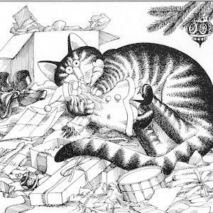 Kliban Cat Art Vintage Print Cat Lover Gift – Cat Under Christmas Tree With Presents #7812