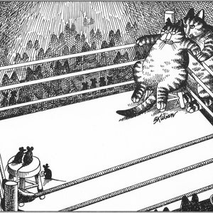 Kliban Cat Art Vintage Print Cat Lover Gift – Cat In Boxing Ring With Mice #7902