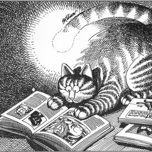 Kliban Cat Art Vintage Print – Cat Reading Picture Book At Night #8103