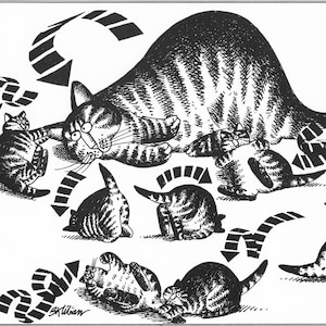 Kliban Cat Art Vintage Print Cat Lover Gift – Mom Cat With Babies Rolling On Floor #7904