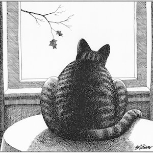 Kliban Cat Art Vintage Print Cat Lover Gift – Cat Looking Out Window In Fall #7809