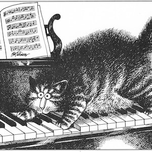 Kliban Cat Art Vintage Print Cat Lover Gift – Cat Walking On Piano #7910