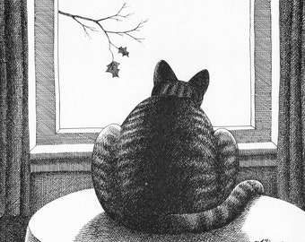 Kliban Cat Art Vintage Print Cat Lover Gift – Cat Looking Out Window In Fall #7809