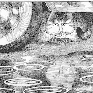 Kliban Cat Art Vintage Print Cat Lover Gift – Rainy Day Cat Hiding Under Car #7804