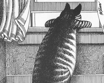 Kliban Cat Art Vintage Print – Cat Looking Out Window In Winter #8102