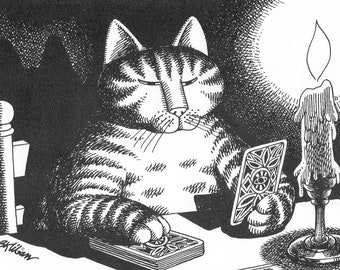 Kliban Cat Art Vintage Print Cat Lover Gift – Cat Reading Tarot Cards #8010