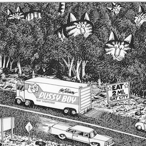 Kliban Cat Art Vintage Print – Cats Watching Truck On Highway  #8109