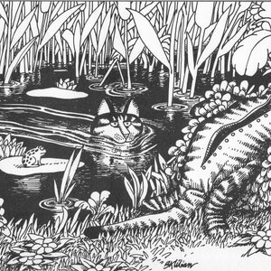 Kliban Cat Art Vintage Print Cat Lover Gift – Cat Swimming In Pond In Summer #7708