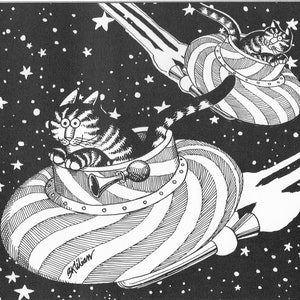 Kliban Gato Arte Vintage Impresión Gato Amante Regalo – Astronaut gatos en el espacio #8112