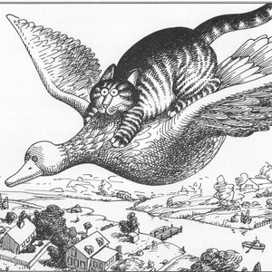 Kliban Cat Art Vintage Print Cat Lover Gift – Cat Flying With Goose #8009
