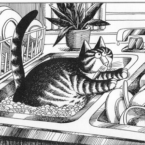 Kliban Cat Art Vintage Print – Cat Washing Up In Sink #8107