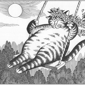Kliban Cat Art Vintage Print Cat Lover Gift – Cat on Swing in May #8005
